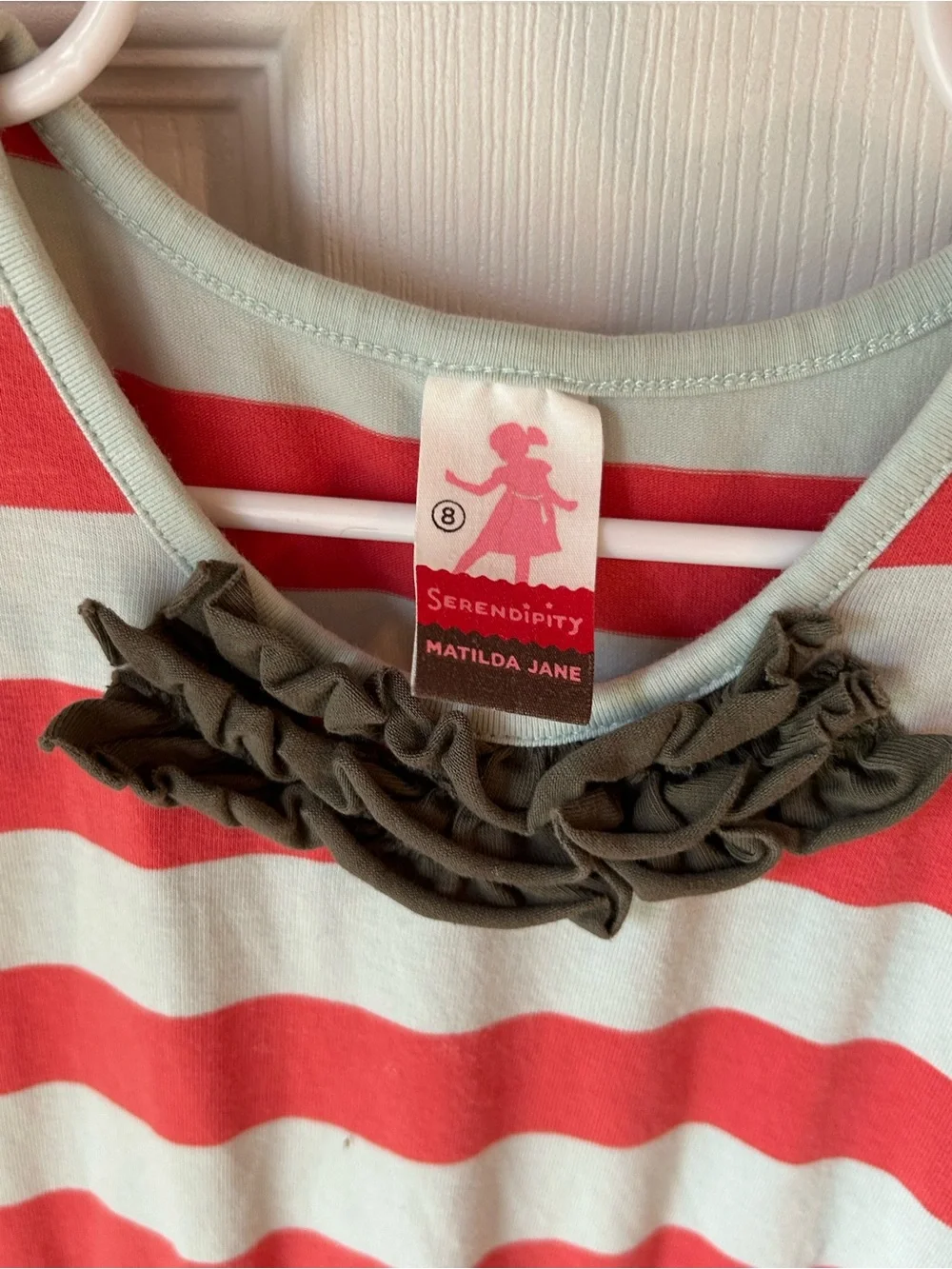 Matilda Jane Serendipity Red and Mint Striped Dress with Brown Trim